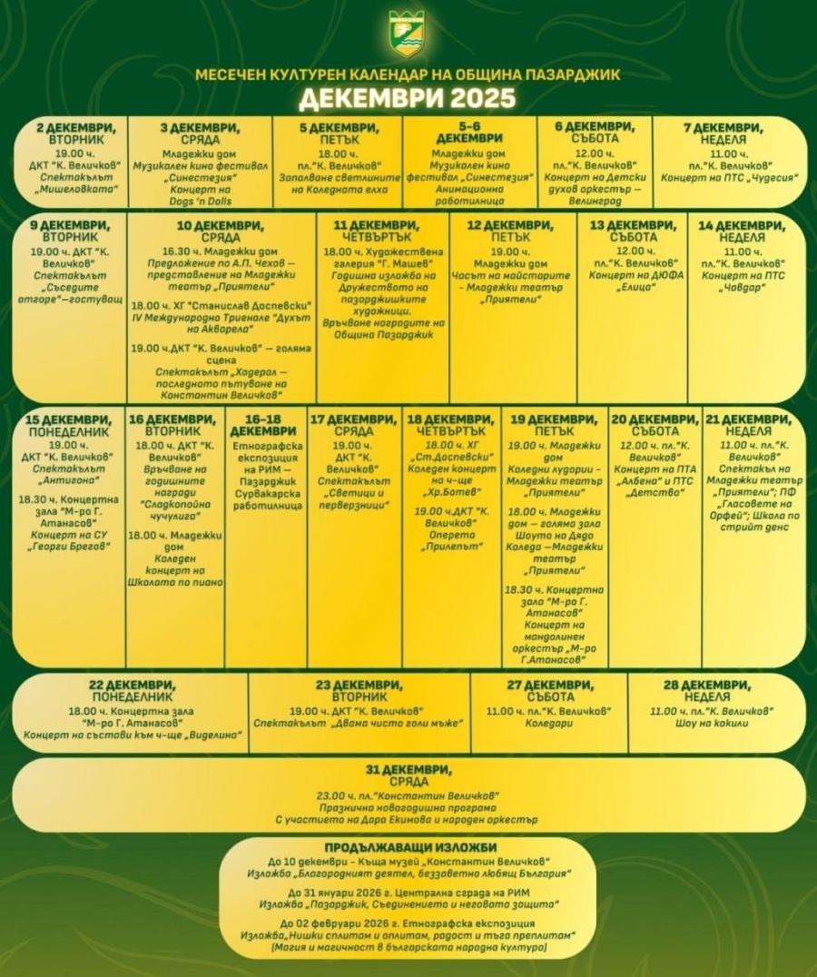 Културен календар на Община Пазарджик за декември